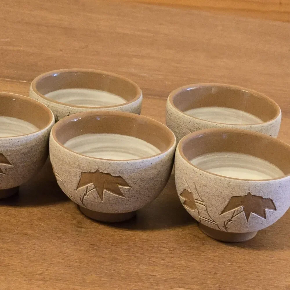 Lot Of 5, Japanese Tea Cups, Two-tone Leaf Stoneware, Tu Yun / Earth Pottery Art